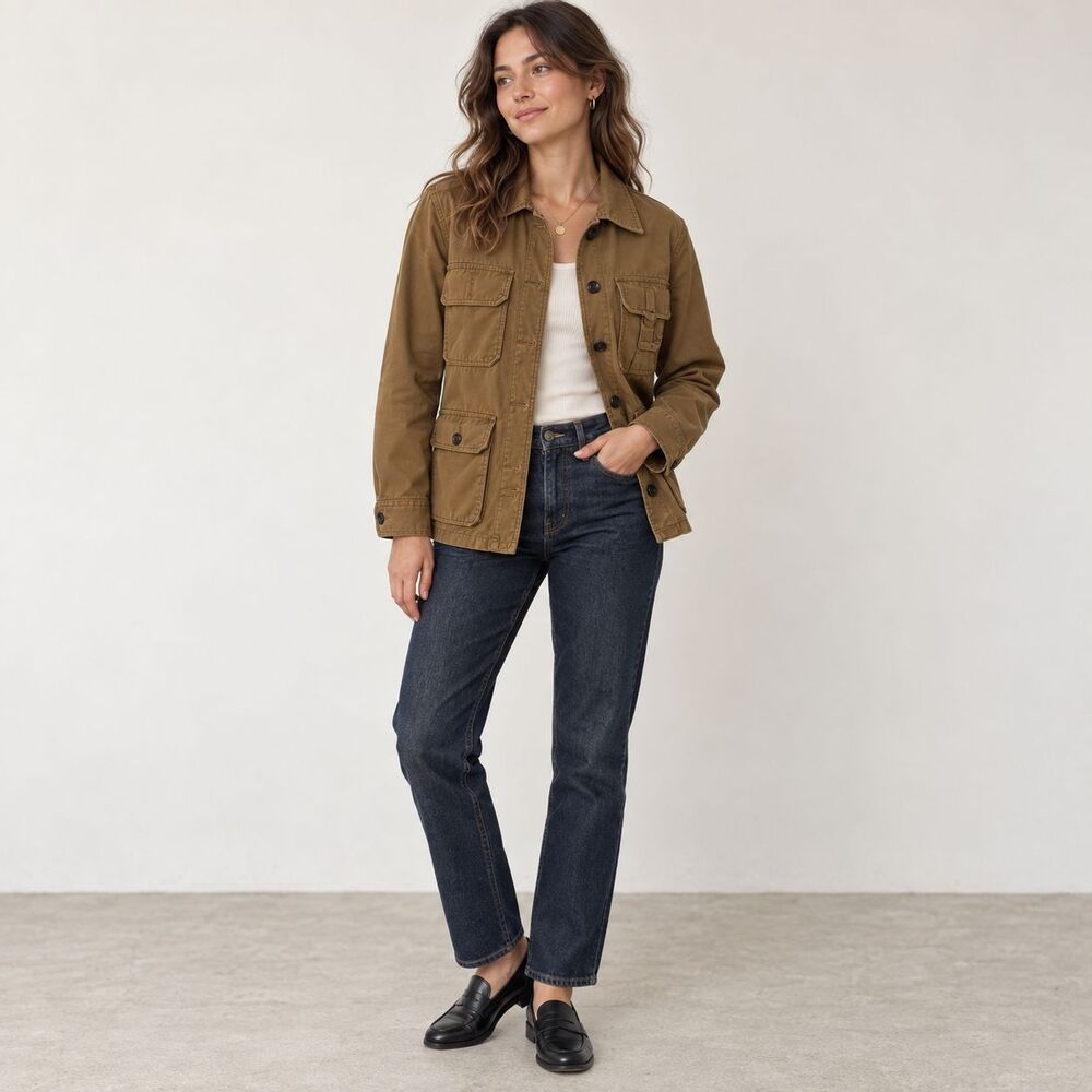 J.Crew Vintage Jacket Womens Medium Brown Twill Military Utility Button Front